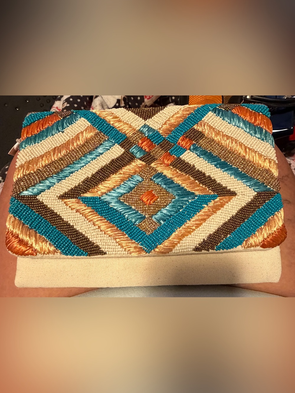 No Name Embroidered Aztec Pattern Clutch in Teal, Gold & Cream NWT